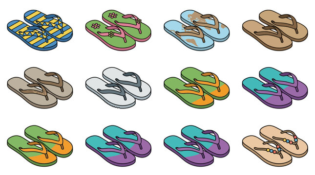 Summer Flip Flop Collection: Colorful Beach Sandals Icon Set, Isometric View