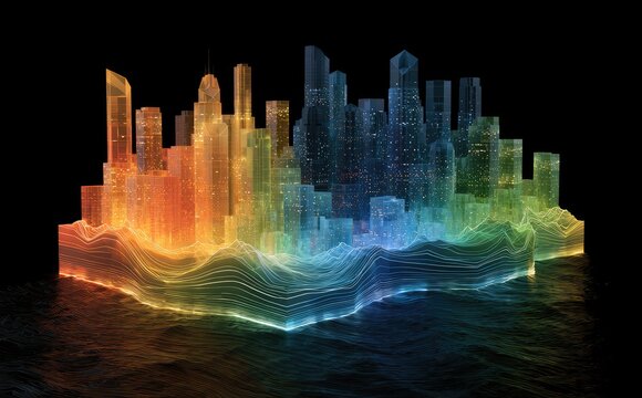 Futuristic glowing city skyline on colorful wave patterns