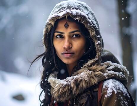Woman in fur-lined hood, snowy forest