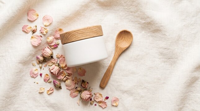 White cosmetic cream jar with wooden lid and dried rose petals on a soft textile background top view