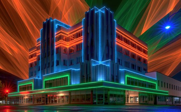 Striking deco building illuminated with vibrant neon and dramatic light beams