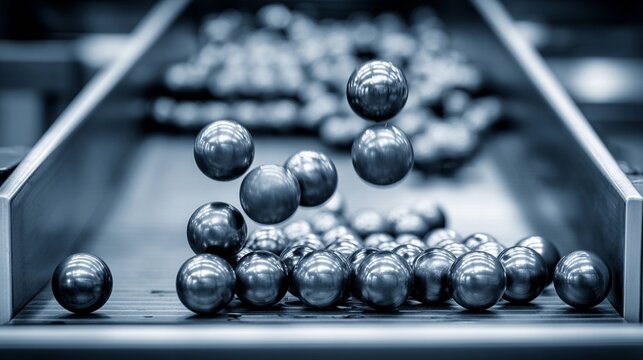 Polished Steel Ball Bearings Cascading Down a Chute in a Manufacturing Process