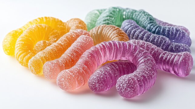 Colorful gummy worm candies arranged as background element, soft gelatin texture with sugar coating in rainbow colors including yellow orange pink purple and green, playful sweet treat composition sui
