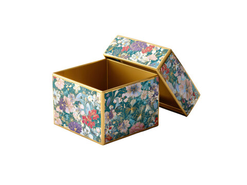 Open gift box with floral pattern and golden interior on transparent background display.