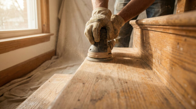 Dusty Gloved Hands Sanding Wooden Staircase with Power Sander