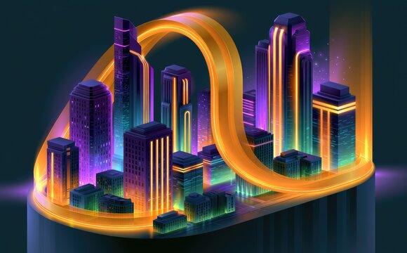 Futuristic city skyline glowing with neon lights, orange loop overhead