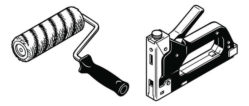 Engraving illustration set of 2 hand tools featuring paint roller and staple gun for home improvement design