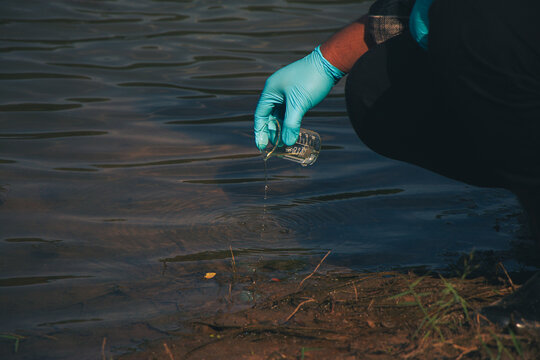 Scientists performing water sample collection for environmental testing and pollution assessment.