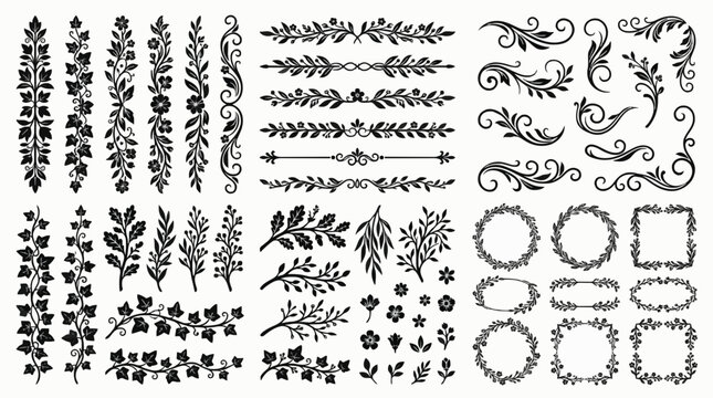Big set of botanical design elements including ivy vines, leaf borders, circular wreaths, floral frames, and dividers in black silhouette.