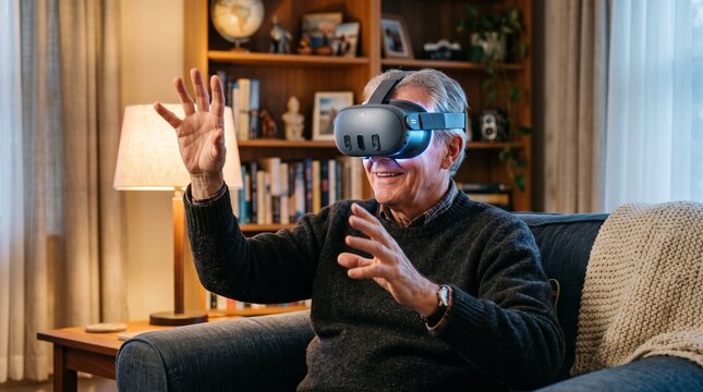 Man wearing VR headset in cozy home setting with bookshelf and warm lighting