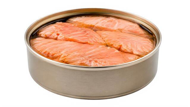 Open metal tin containing fresh salmon fillets isolated on a white background for food photography