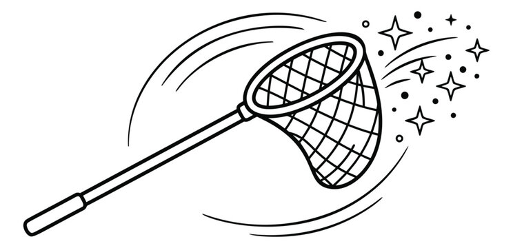 Outline illustration of a butterfly net depicting a swooping catch motion with sparkles for hobby and nature design