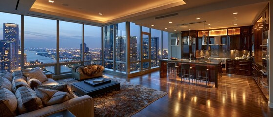 Fototapeta premium Luxurious modern high-rise apartment living area and kitchen with city lights view