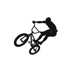 Obraz premium Black Silhouette of a BMX Rider Performing a Stunt Jump on a Bicycle Against a Plain White Background