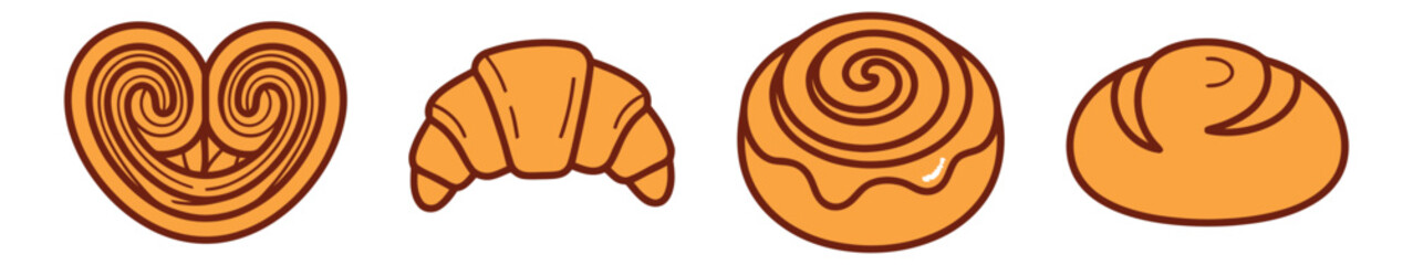 Fototapeta premium Cartoon icon set of 4 bakery pastries featuring heart shaped roll, croissant, cinnamon bun and bread roll for food design