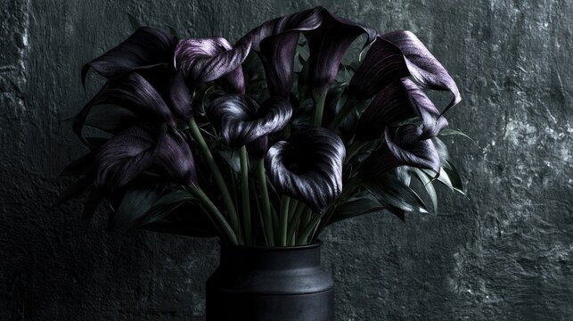 Dramatic dark purple calla lilies cascade from a black vase against a textured wall