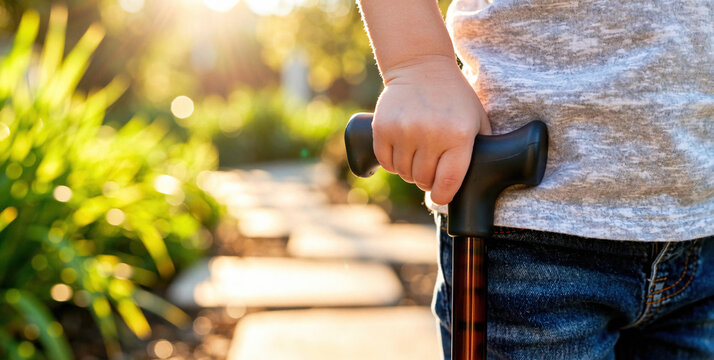 Child Holding a Walking Cane in a Sunlit Garden Pathway