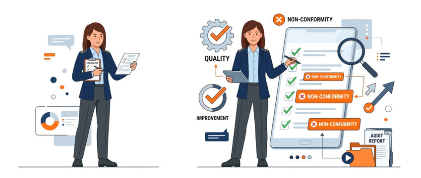 Businesswoman conducting quality audit and checking for non-conformities with checklist and magnifying glass
