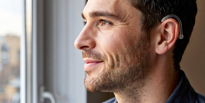 Young Man with Hearing Aid Smiling by the Window in Natural Light