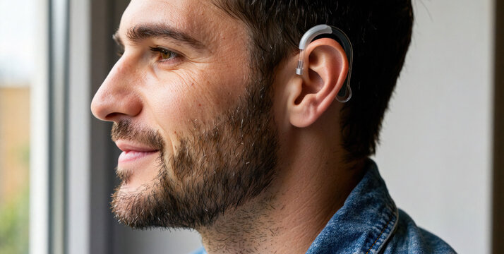 Young Man with Hearing Device Smiling Near Window in Bright Environment