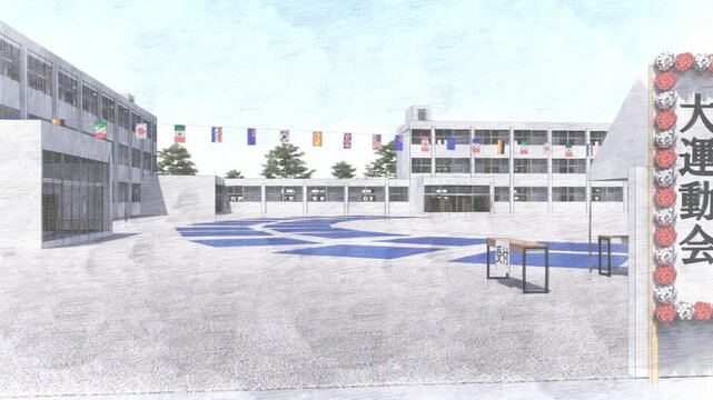 小学校の運動会グラウンド 会場設営風景 3DCGアニメーション背景
