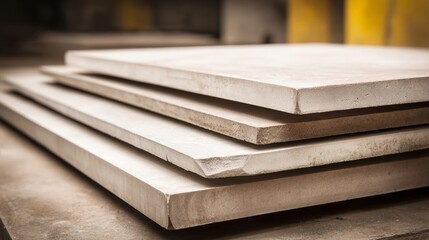 Fototapeta premium Stack of polished metal sheets in industrial setting, ready for fabrication and construction