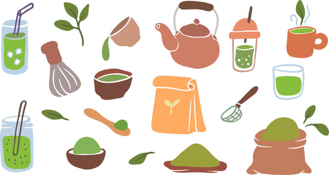 Matcha green tea vector set. Hand-drawn flat illustrations of traditional whisk, teapot, powder, bamboo spoon, ceramic bowls, glass bottles with straws, bags and fresh leaves isolated on white backgro