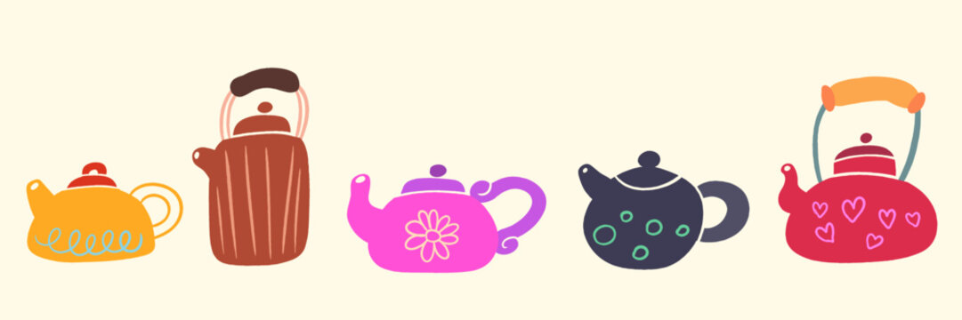 Hand drawn vector set of colorful cute teapots with various patterns isolated on light background. Naive doodle ceramic kettles with hearts, flowers and dots for cozy kitchen decor, tea party and cafe
