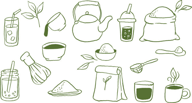 Hand drawn matcha green tea vector set with teapot chasen whisk powder bags and traditional drinks in doodle style isolated on white background.