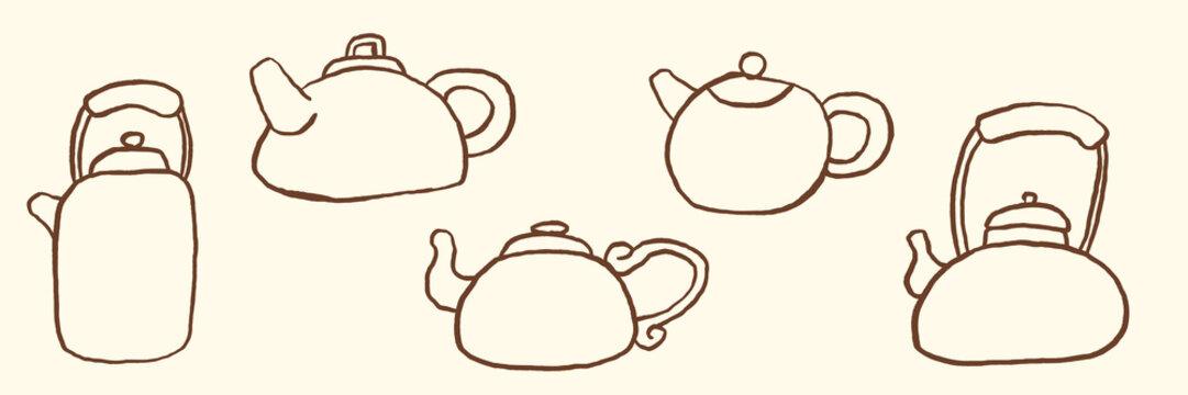 Hand drawn sketches ceramic and metallic teapots vector set in simple doodle outline style isolated on color background. Naive vector illustration.