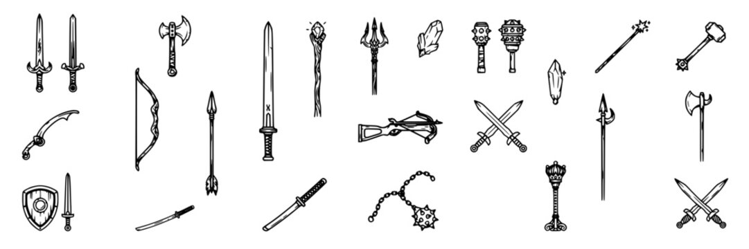 Weapon Icons Set with Enchanted Fantasy Swords, Spears, Daggers, Wands, and Shields in Outline Style for Game Icons and Design