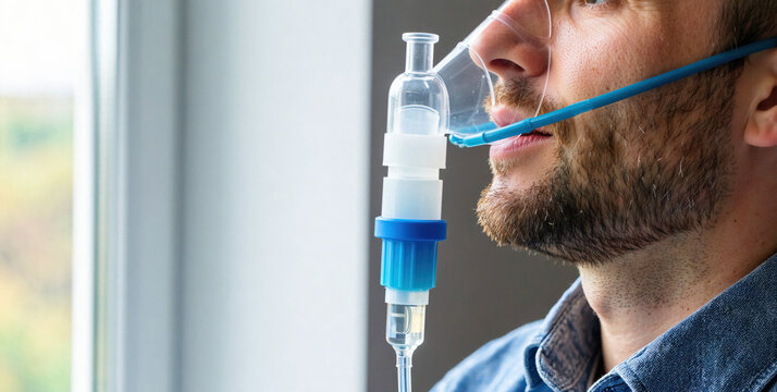 Man Using Nebulizer for Respiratory Treatment at Home