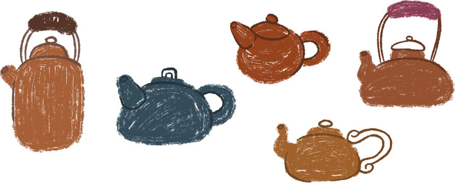 Hand drawn vector illustration of cozy teapots with rough crayon texture isolated on white background. Naive sketch style ceramic kettles in warm earthy tones for rustic kitchen design, cafe menu and 