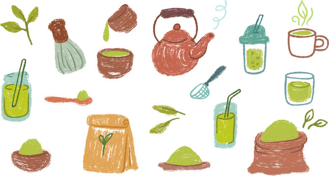 Textured matcha green tea vector illustration set. Hand-drawn naive doodle elements with crayon and chalk texture showing traditional teapot, whisk, powder pile, canvas sack, bowls, iced drinks and le