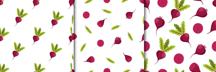 Naklejka premium Set of seamless Pattern Beetroot with leaves and beets in the cut. Cartoon vector illustration vegetables. Summer background seasonal harvest.