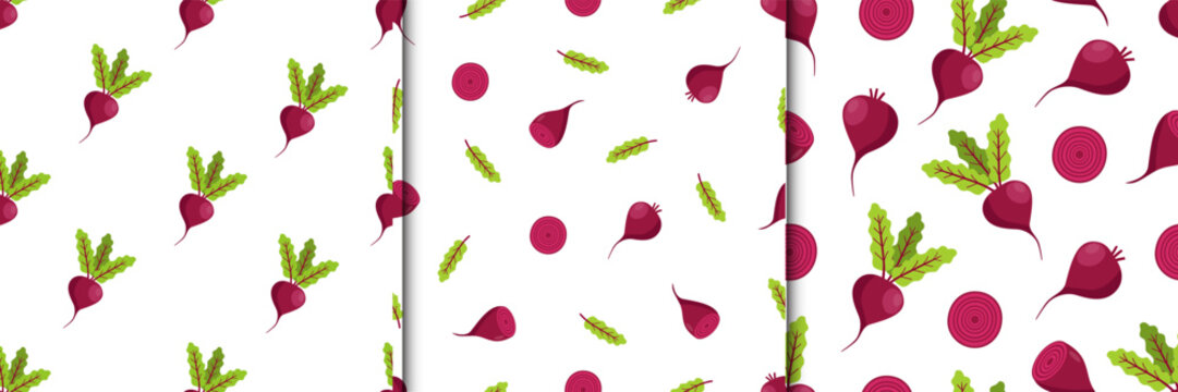 Set of seamless Pattern Beetroot with leaves and beets in the cut. Cartoon vector illustration vegetables. Summer background seasonal harvest.
