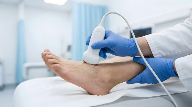 Close-up of a healthcare provider using a handheld pocket Doppler ultrasound probe on a patient's foot to assess peripheral arterial blood flow during a vascular screening in a clinical setting