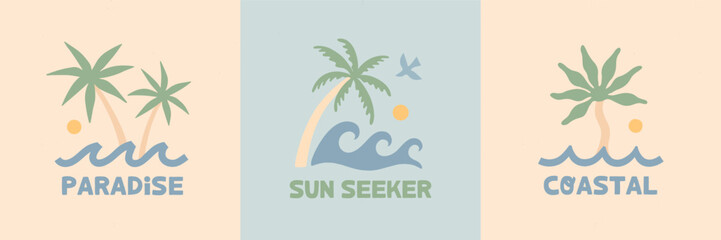 Surf emblem illustrations with palm trees,ocean waves,sun,bird.Coastal summer aesthetic with bold elements in soft vintage colors.Tropical prints for resort branding,beach apparel,travel poster,labels © Xenia Artwork 
