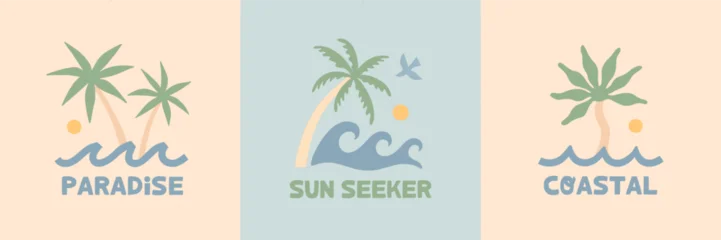 Surf emblem illustrations with palm trees,ocean waves,sun,bird.Coastal summer aesthetic with bold elements in soft vintage colors.Tropical prints for resort branding,beach apparel,travel poster,labels © Xenia Artwork 