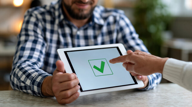 Close up of a man holding a tablet with a green checkmark while another person points at the screen during an approval or confirmation process.