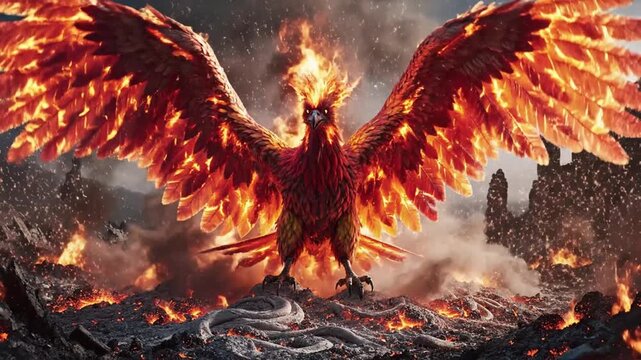 Fiery phoenix creature emerging from burning volcanic lava landscape