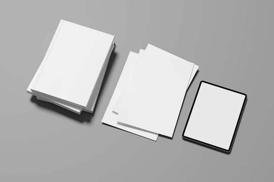 Blank Publishing Mockup with Hardcover Books, Paper Sheets and Tablet Device, High-quality stationery composition for book cover design, editorial branding, magazine