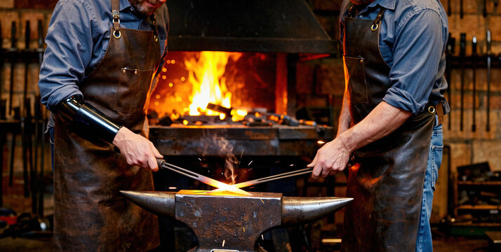 Two Blacksmiths Working Together in Front of a Vibrant Forge Fire