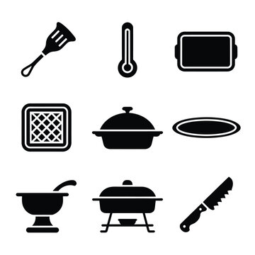 Black silhouettes of various kitchen utensils and cookware on white background