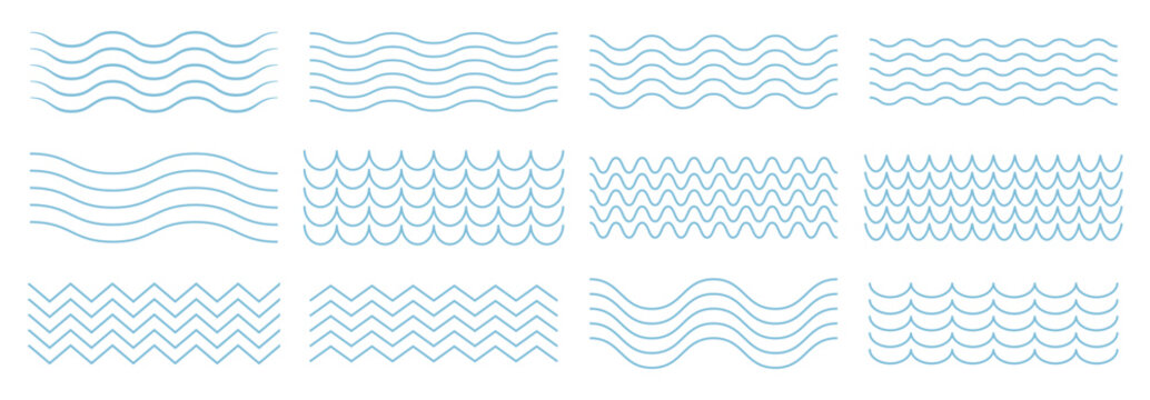 Vector water waves. Set of wavy zigzag lines. Vector zigzag lines and waves, wavy pattern. Vector zigzag and wavy horizontal underline. Geometric decoration element.