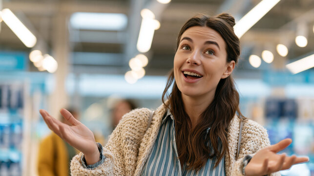 Surprised woman standing in a clothing store with open hands, smiling expression and blurred racks of clothes in the background.
