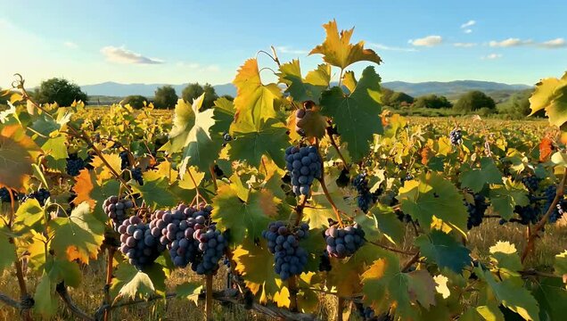 Cinematic 4K footage of sunlit vineyard landscape emphasizing warm natural light lush grapevines scenic charm wine agriculture nature stock 