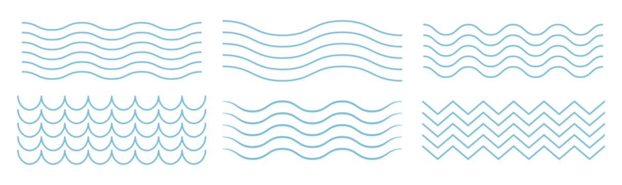 Vector water waves. Set of wavy zigzag lines. Vector zigzag lines and waves, wavy pattern. Vector zigzag and wavy horizontal underline. Geometric decoration element.