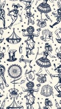 Whimsical circus performers and props pattern