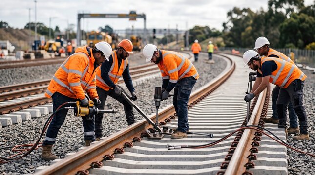 Railway Workers Aligning New Steel Tracks